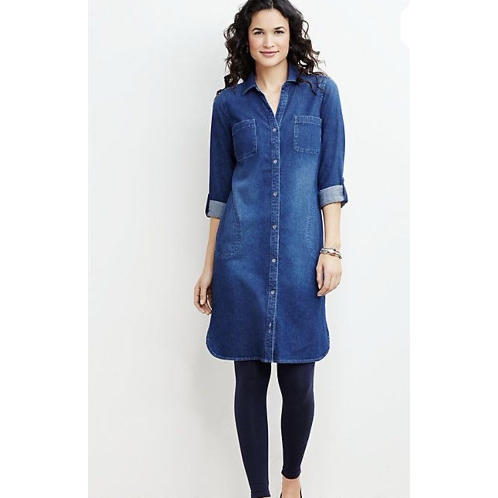 J Jill Denim Shirt Dress Womens Small Blue Button Front Roll Tab Sleeve Stretch